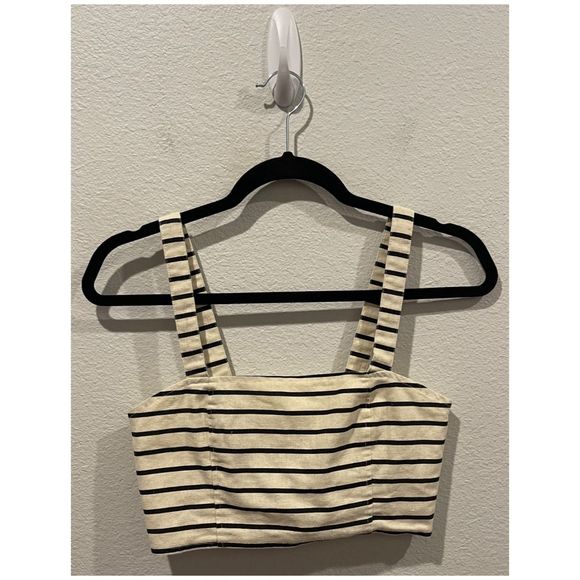 ECOTE Striped Button Back Ivory Black Crop Top - Picture 3 of 5